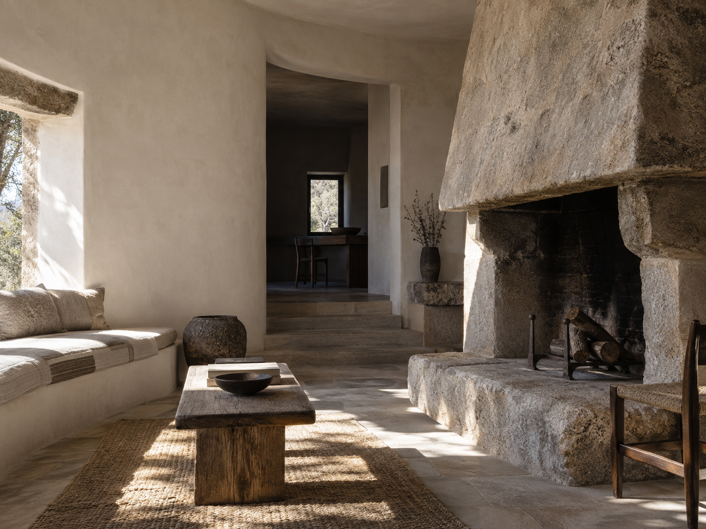 Interno in pietra e luce naturale, con camino e arredi materici
